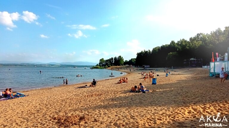 plaża, jezioro, góry, lato